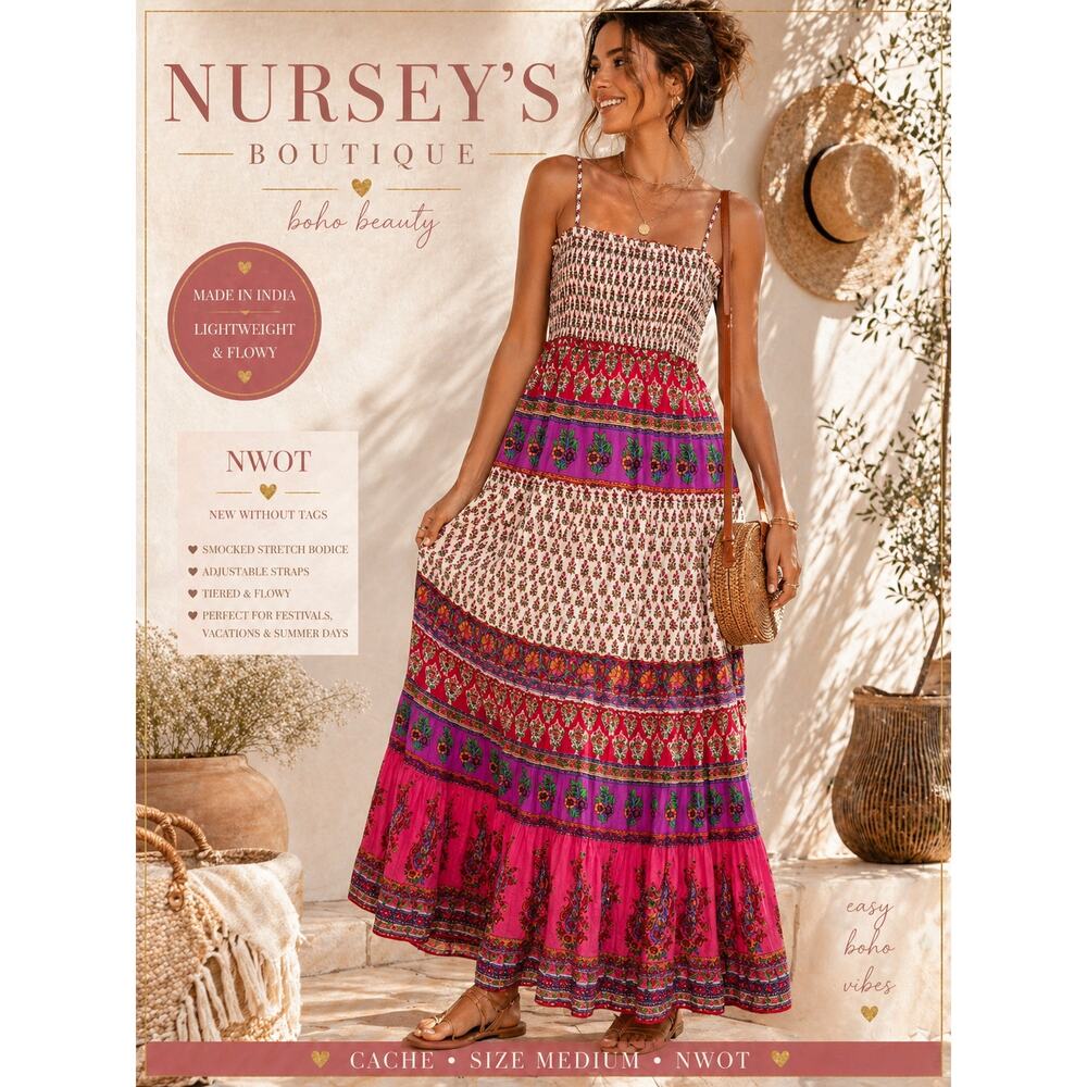 Cache Boho Maxi Dress Made In India Smocked Tiered Festival M